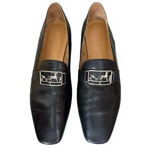 Hermes Time loafer women's slip on flats black leather horse & carriage logo 38